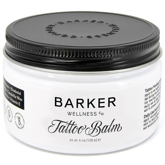 Barker Wellness Tattoo Balm – Natural Vegan Tattoo Aftercare with Bisabolol, Helichrysum & Vitamin E – Brightens Old Tattoos, Protects New Ink – Non-Greasy, Petroleum-Free, Cruelty-Free - 4 ounces