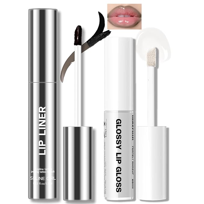 Peel Off Lip Liner Stain Tattoo, Long Lasting Waterproof Lip Stain Peel off, Tattoo Cool Toned Grey Lip Liner and Lip Gloss Combo, Non-Stick Cup Nourishing Lip Gloss Set Lipstick Makeup