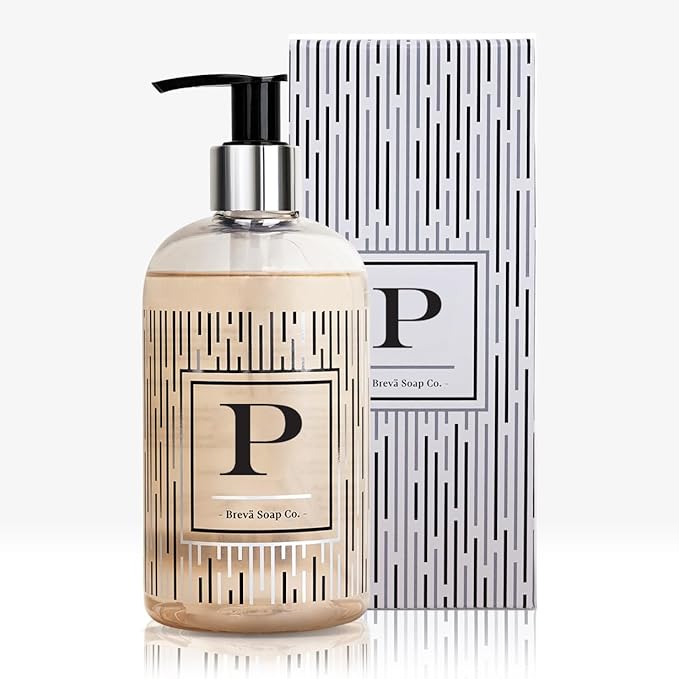 Brevä Soap Co. Monogrammed Luxury Liquid Hand Soap | Choose from Letters A to Z | Citrus Bloom Scent | Personalized Liquid Hand Wash for Bathroom & Kitchen |12 oz - Letter P