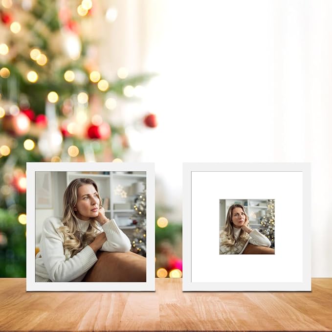 12x12 Picture Frame Set of 9, Display Pictures 8x8 with Mat or 12x12 without Mat, Multi Collage Gallery Square Photo Frames for Wall or Tabletop, White