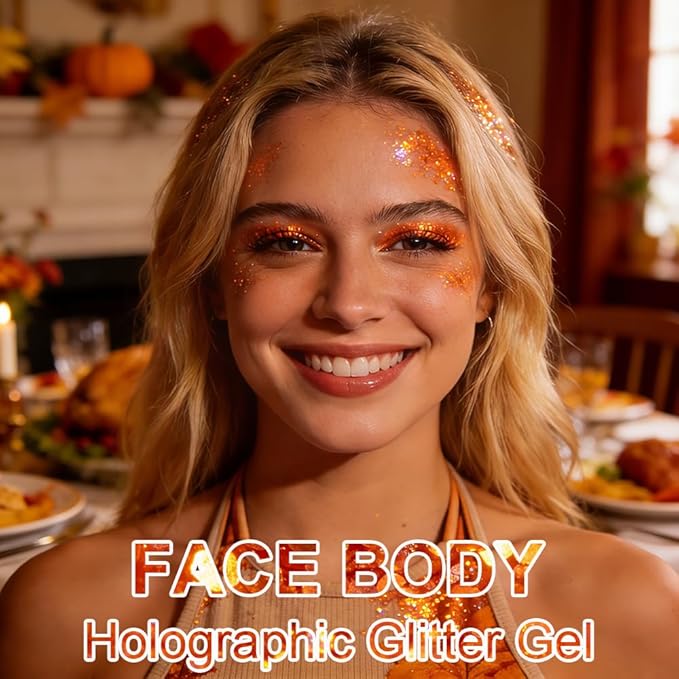 Orange Face Body Hair Glitter Gel for Women and Kids, Monochrome Holographic Mermaid Sequins Chunky Glitter Paint Makeup for Mardi Gras Halloween Festival Rave Outfits Accessories, 1.7oz, #11
