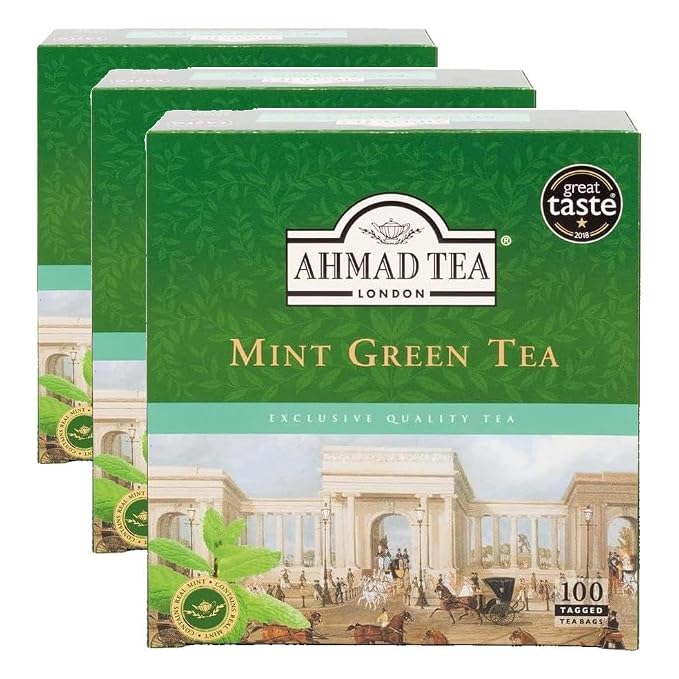 Ahmad Tea Green Tea, Green Tea Mint Teabags, 100 ct - Caffeinated and Sugar-Free (Pack of 3)