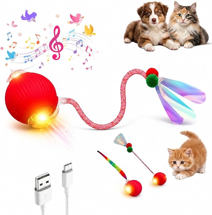 Interactive Cat Toy Ball, Automatic Cat Toy with Bird Chirping Sound, 3 Play Modes & 2 Tails,Rechargeable Smart Moving Pet Toy,Speedy Tail 2.0 Cat Toy,Cat Toys Interactive for Indoor Cats & Small Dogs