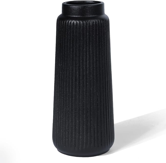 Black Ceramic Vase, 8 Inch Conical Flower Vase for Pampas Grass, Modern Minimalist Ribbed Decorative Vase for Living Room Table, Shelf Decor