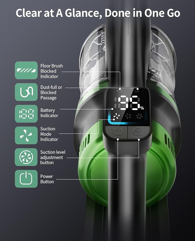 SunSare Cordless Vacuum Cleaner, 50KPa 600W 65Mins Stick Vacuum with 1 M Hose, Green Headlights, Aromatherapy, V-Anti-Tangle Rollor, 1.8L Dust Cup, Vacuum Cleaner for Pet Hair Carpets Floors, Green