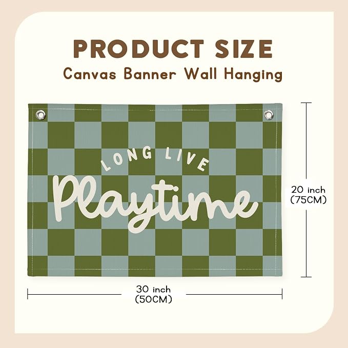Playroom Decor Long Live Playtime Banner, Green And Blue Checkered Pattern Banner Linen Hanging Banner Flag for Nursery Toddler Room, Boys Girls Kids Room Decor,Classroom Decorations 30x20