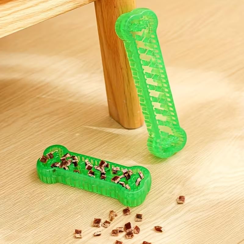 Interactive Dog Bone Toy, Green TPR Rubber, 6.3 Inch Dental Chew with Hidden Treat Compartment, Puzzle Food Dispenser for Small and Large Dogs (Green, Small)