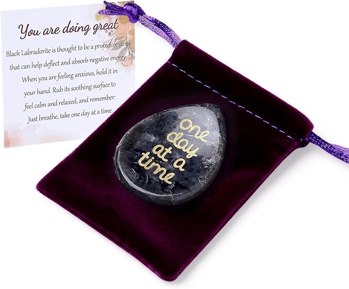 One Day at A Time Black Labradorite Thumb Worry Stone for Anxiety Crystals Hand Thumb Stones Pocket Thinking of You Gifts for women Inspirational Worry Stones for Stress Relief Sobriety Gifts for Her