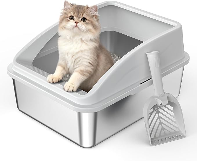 AIPERRO Stainless Steel Litter Box | Metal Kitty Litter Box with Lid | High Sided, Low Entry for Small Cats or Injured Cats | Bunny Litter Boxes | Odor-Free & Non-Stick | Includes Litter Cat Scoop