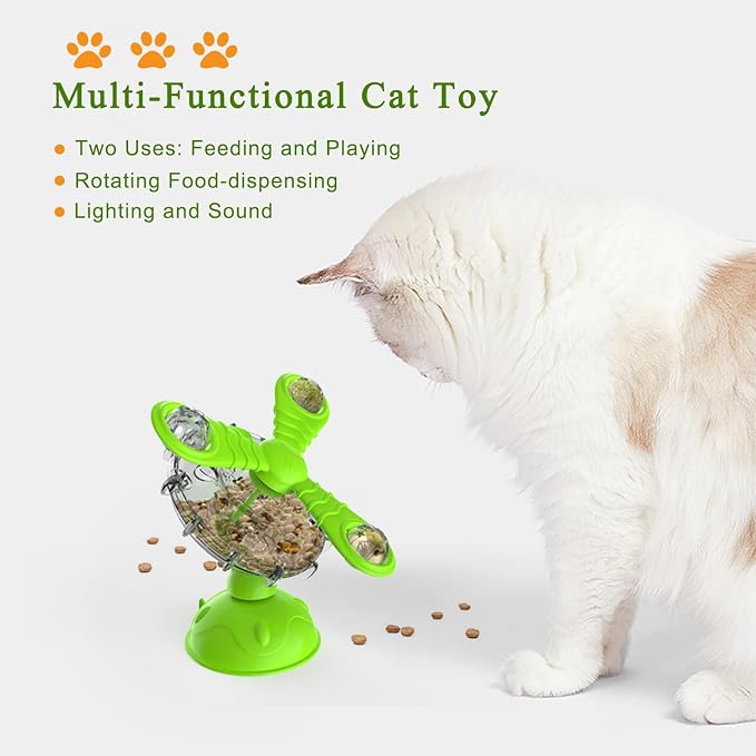 Rotating Pet Treat Dispenser Toy: 360-Degree Rotating Windmill Puzzle Toy, Window-Mounted Ferris Wheel Feeder with Suction Cups for Cats and Dogs, Suitable for Puppies (Blue)