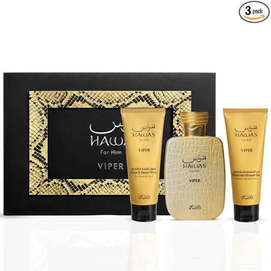 RASASI Hawas Viper 3-Piece Perfume Gift Set Eau de Parfum Spray & Face, Beard Wash & Shower Gel 100ml (3.4 Oz)