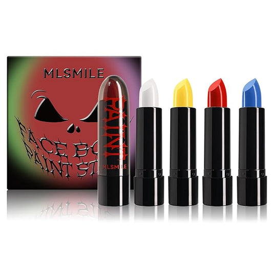 4 Colors Halloween Face Body Paint Lipstick, Cream Eye Black Stick for Baseball, High Pigmented Clown SFX Foundation Cream Makeup for for Sports Festival Halloween Cosplay Goth Costume Makeup (A#)