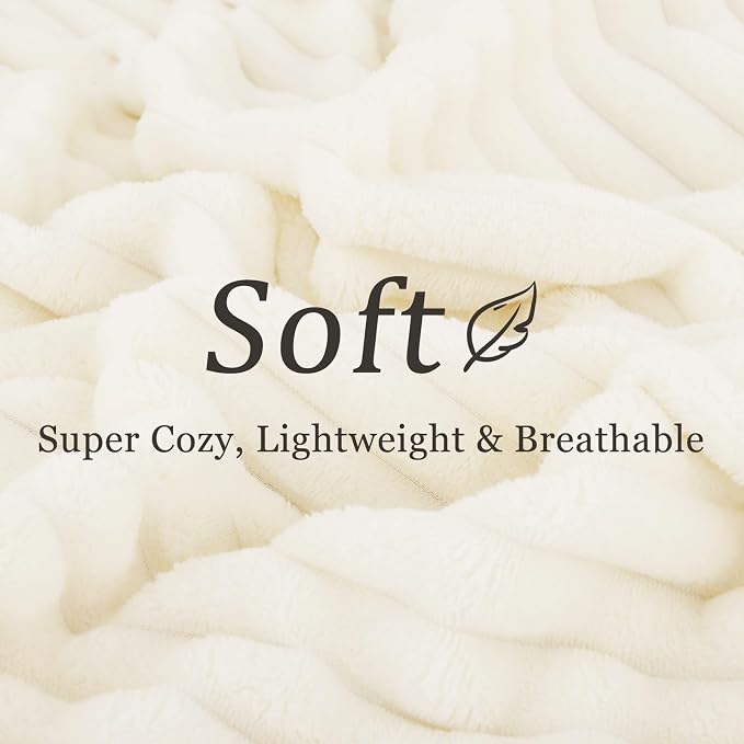 decorUhome Cream White Fleece Throw Blanket 50x60 Inches | Soft Couch Cozy Fluffy Plush Flannel Striped Blanket for Sofa Bed, Lightweight Decorative Ribbed Fuzzy Blanket for Woman