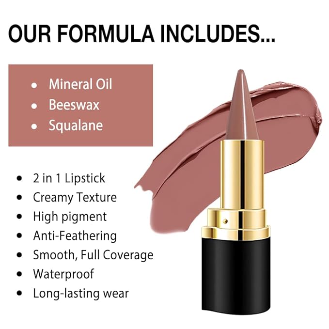 evpct Nude Brown Gradient Matte Lipstick Lip Liner Crayon Combo Pencil Set for Older Women Long Lasting Waterproof, Matte Brown Nude Cream Lip Liner and Lipstick Combo Makeup, Flawless Ombre Effect