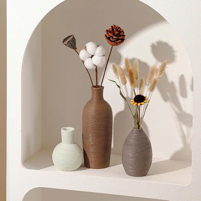 Ceramic Vases Set of 3 Modern Rustic Farmhouse Home Decor | Pottery Decorative Flower Vases for Pampas Grass Dried Fresh Flowers, Living Room, Table Centerpiece, Shelf, Mantel