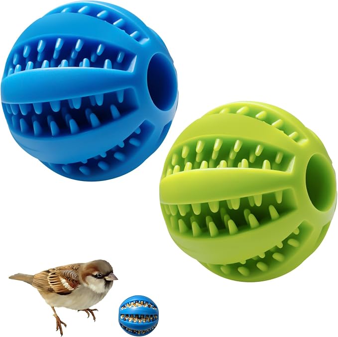 2Pcs Parrot Foraging Toys Bird Chew Balls, Interactive Feeder Treat Dispenser for Small Medium Birds Conure Parakeet Cockatiel, Long-Lasting Plastic Hanging Bell (Green & Blue)
