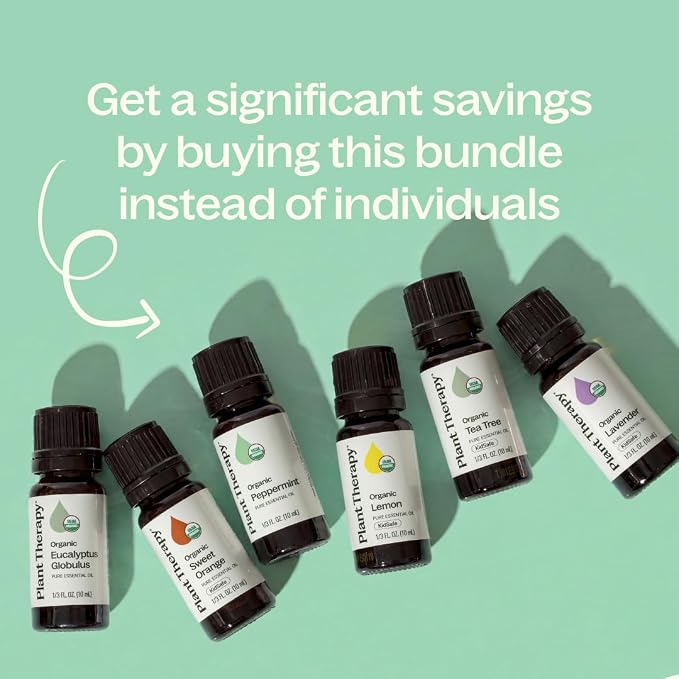 Plant Therapy Top 6 USDA Organic Essential Oil Set - Lavender, Peppermint, Eucalyptus, Lemon, Tea Tree 100% Pure, Natural Aromatherapy, for Diffusion & Topical Use, Therapeutic Grade 10 mL (1/3 oz)