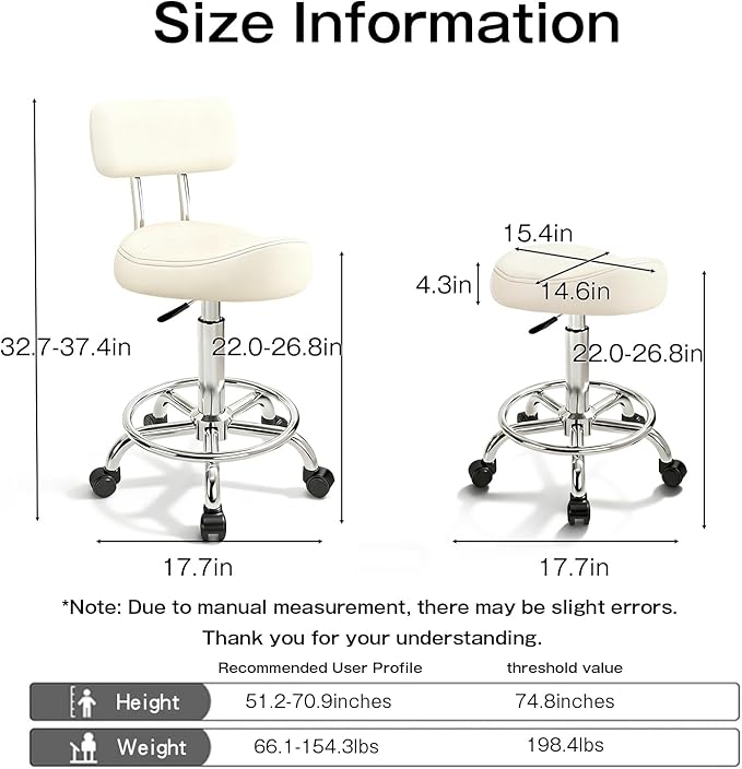 Saddle Stool with Back and Ring Pedal, Adjustable Hydraulic Rolling Chair with Wheels for Salon, Spa, Medical, Massage & Drafting Use White