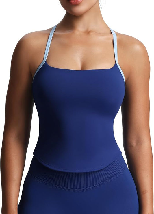 Aoxjox Women's Workout Sleeveless Color Block Lexi Tank Tops Contrasting Strap Cross Back Yoga Curve Longline Crop Top