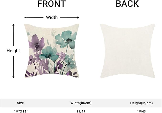 Spring Floral Pillow Covers 18x18 Inches Set of 2 Purple Teal Floral Throw Pillow Cover Outdoor Summer Flower Decoration Pillowcase Farmhouse Decorative Linen Cushion Cover For Home Couch Sofa