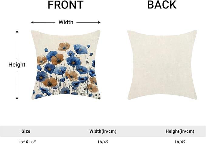 Spring Floral Pillow Covers 18x18 Set of 2 Blue Brown Flower Decorative Throw Pillow Covers Decoration Summer Seasonal Pillowcase Farmhouse Decorative Cushion Cover For Home Sofa Outdoor Decor