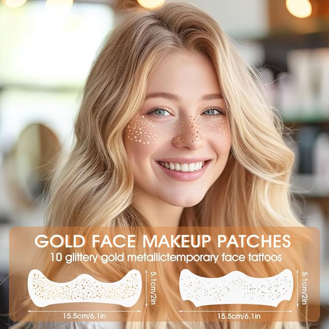Face Glitter Freckles, Glow Up Makeup Patches for Face, 10pcs Gold Sparkle Freckles, Face Glitter Makeup Speckles, Glitter Makeup Accessories for Women, Faux Glitter Freckles Face Tattoo (Golden Star)