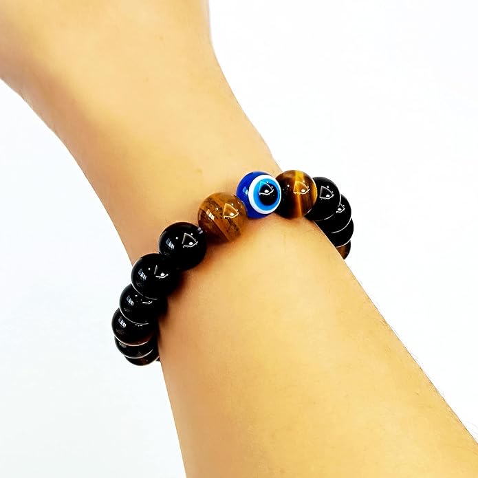 Evil Eye with Hematite Black Obsidian Tiger Eye Stone Triple Protection Bracelets for Men Women, Crystal Healing Stone Bracelet Bring Luck Prosperity and Happiness Jewelry