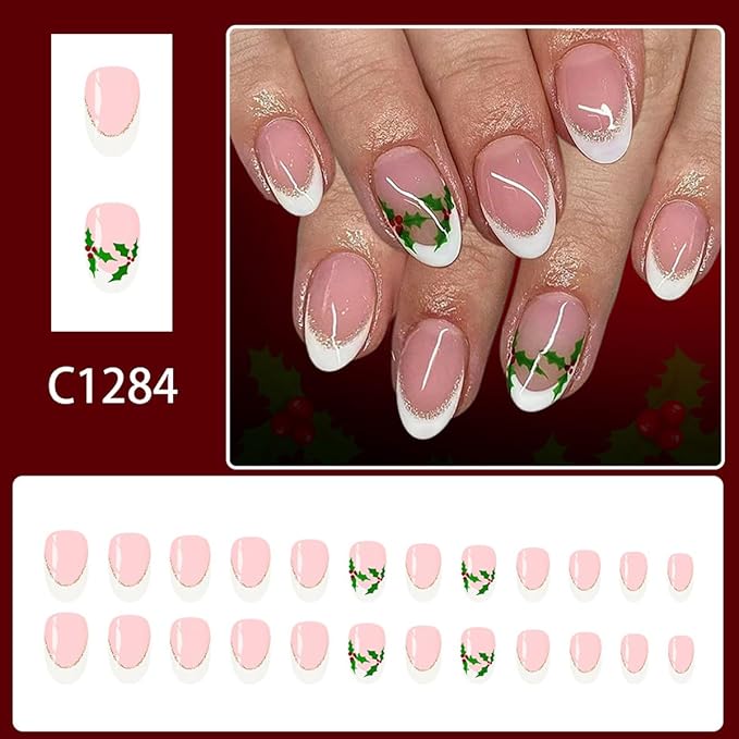 Christmas Press on Nails Holly Fake Nails Short Almond False Nail with Design White French Tip Glue on Nails Artificial Acrylic Dull Cover Nail Xmas Stick on Nail for Women Girls Manicure 24Pcs