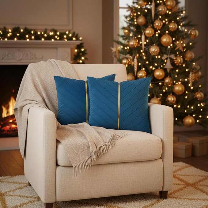Velvet Throw Pillow Covers 20x20 Pack of 2 Gold Decor Lake Blue | Soft Solid Pillow Covers,Modern Luxury Home Decor,for Couch Chair Sofa Bedroom Livingroom,Hidden Zipper,Ideal Gift,Easy Care
