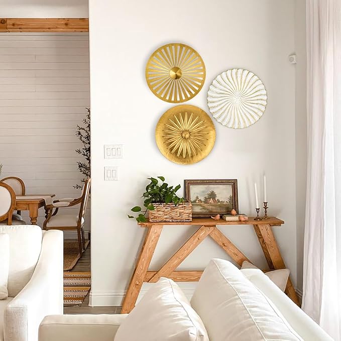 Briful 12" Wall Décor Pack of 3 Metal Gold & White Washed Starbursts Radial Plate Wall Art Modern Accent Hanging Wall Decorations For Home Office Bedroom Or Living Room Wall Sculptures