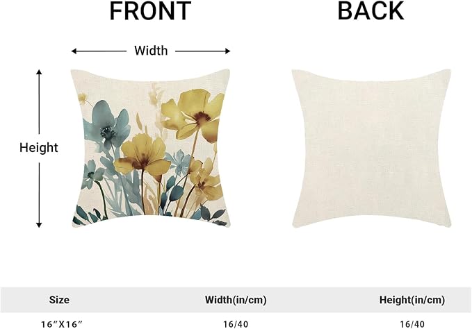 Spring Floral Pillow Covers 16x16 Inch Set of 2 Blue Yellow Floral Throw Pillow Cover Outdoor Modern Summer Flower Decoration Pillowcase Farmhouse Decorative Linen Cushion Cover for Home Sofa