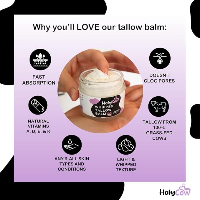 HolyCow Beef Tallow For Skin - Whipped Tallow Balm with Organic Jojoba Oil, Grass Fed Beef Tallow Face Moisturizer for Eczema, Baby, Lip Balm - Lotion For Extremely Dry Skin (Lavender Vanilla)