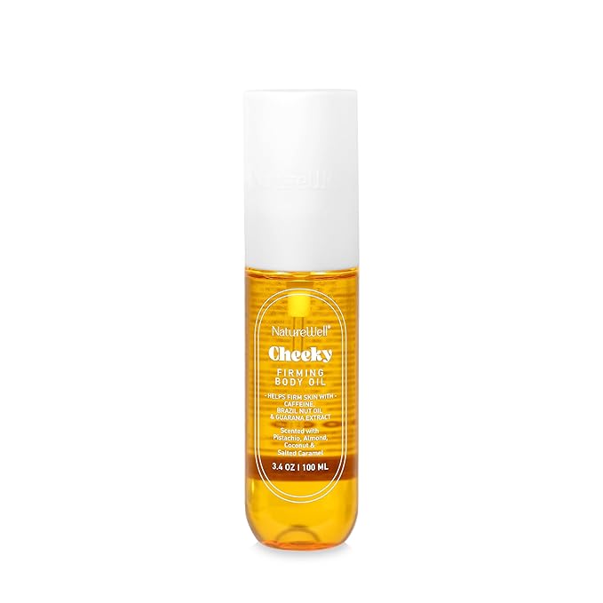 NATURE WELL Cheeky Firming Body Oil, Luxuriously Glowy & Fast-Absorbing Formula Designed to Nourish, Firm, & Visibly Smooth Skin, Scented with Pistachio, Almond, Coconut, & Salted Caramel, 3.4 Oz