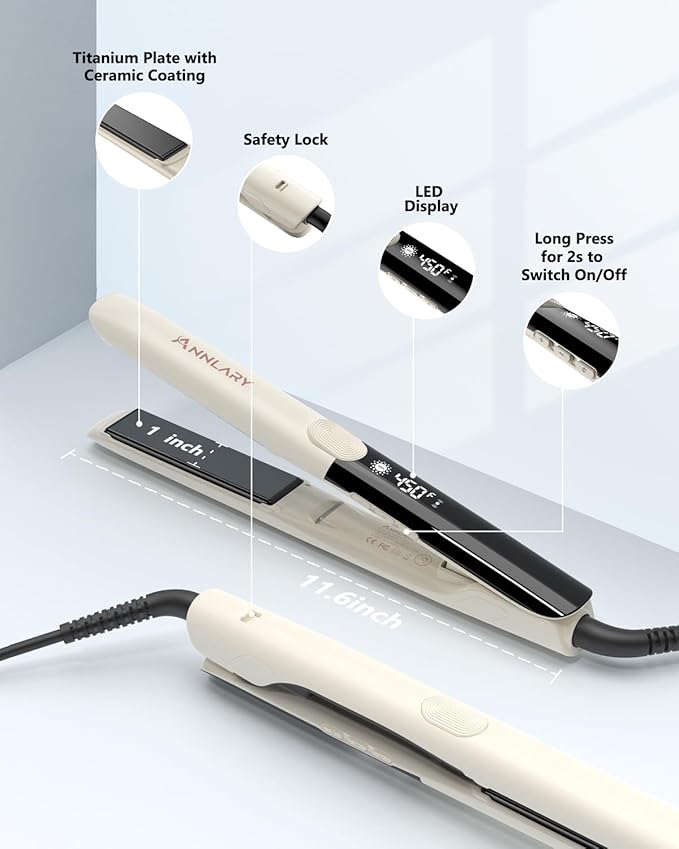 Annlary Hair Straightener 1 Inch Flat Iron and Curler 2 in 1 Titanium Ceramic Ionic Dual Voltage Straightener with Heat-Resistant Silicone, for Less Frizz, Shinier & Smoother