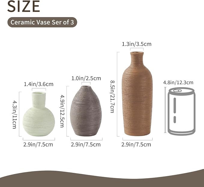 Ceramic Vases Set of 3 Modern Rustic Farmhouse Home Decor | Pottery Decorative Flower Vases for Pampas Grass Dried Fresh Flowers, Living Room, Table Centerpiece, Shelf, Mantel