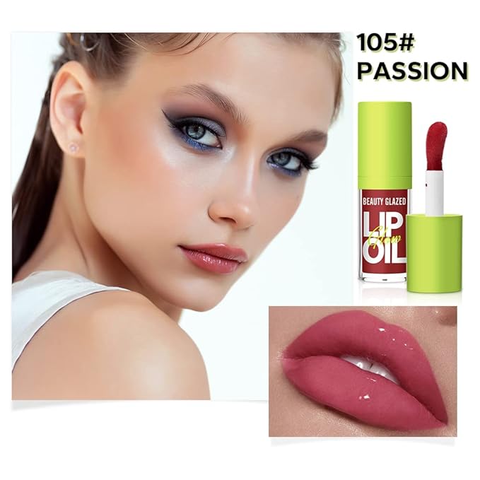 Beauty Glazed Big Brush Head Lip Oil, Ultra-Hydrating & Nourishing, Smooth Glossy Finish Lip Glow Oil, Shiny and Vegan Tinted Lip Gloss, Non-Sticky Formula (105# PASSION)