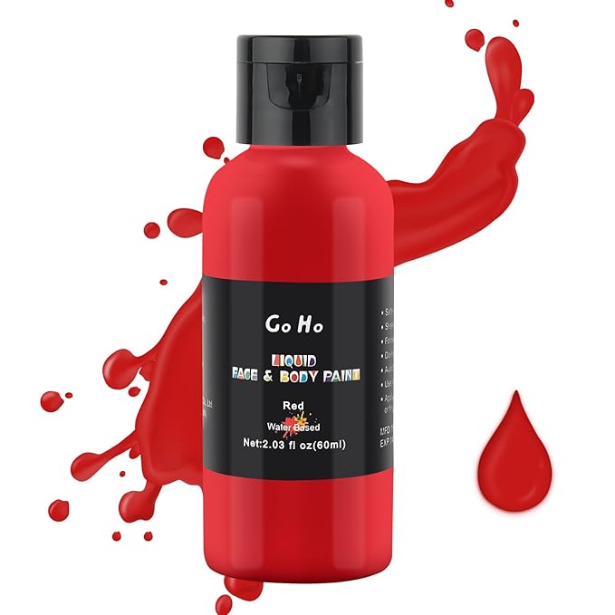 Go Ho Liquid Red Face Body Paint(2.1 oz),Red Makeup Water Based Face Paint and Body Paint for Airbrush Makeup Special FX, Cosplay, and Halloween Make up