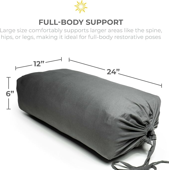 Extra Firm Large Yoga Bolster, 24" x 12" x 6" Cinched OR Zippered Yoga Pillow, Rectangular Cotton Cushion With Removable Cover for Studios, 1 Pack or 2 Pack
