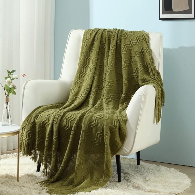 CREVENT Knitted Decorative Throw Blanket for Couch Sofa Chair Bed，Soft Warm Cozy Light Weight for Spring Summer Fall (50''X60'' Avocado Green Christmas Green)