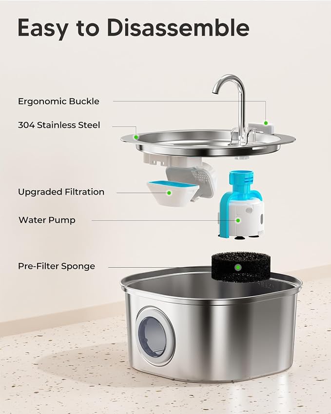 PEKTACO Stainless Steel Cat Water Fountain, 3.2L Drinking Fountain for Pets | Cat water dispenser, dishwasher safe, with triple filtration, quiet pump, and visible water window for cats and small pets