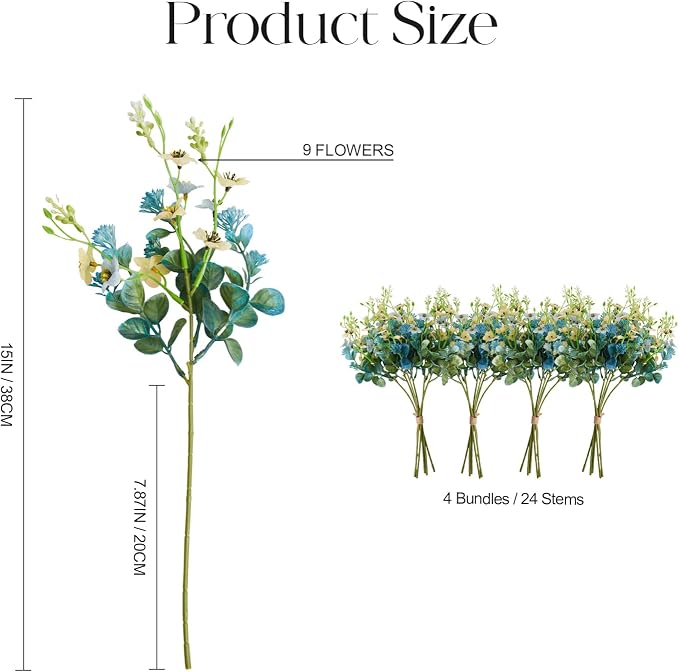 RM ROOMERS Artificial Flowers Plants for Outdoors, Fake Flowers Blue&Yellow | Forget-me-not UV Resistant Faux Flower for Garden Porch Windowbox Front Door Yard No Fade Home Vase Decor(4 Bundles/24 Stems)