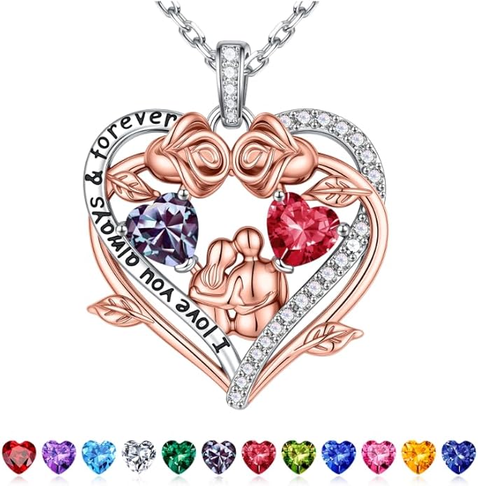 Iefil Valentines Gifts for Her Wife - 925 Sterling Silver Double Heart Birthstone Necklace, Anniversary Birthday Gifts for Women Wife Girlfriend