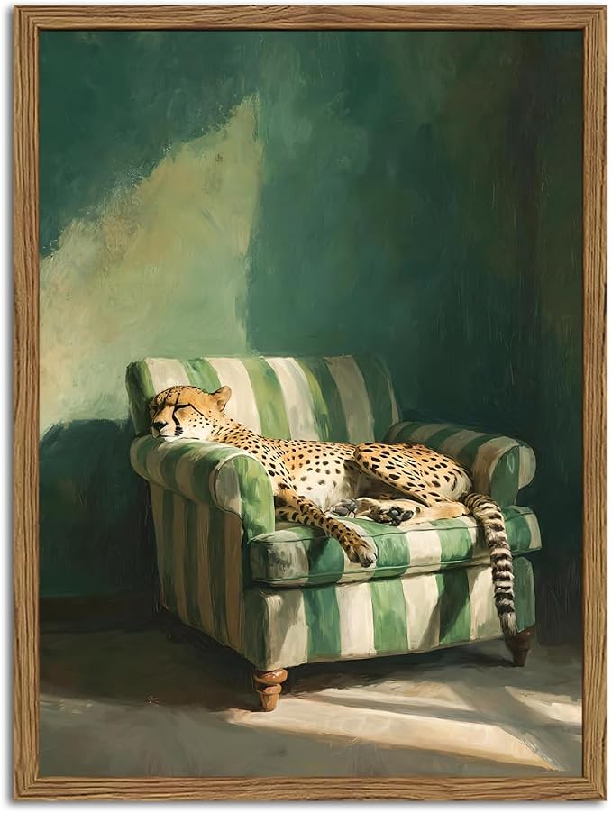 Framed Funny Leopard Canvas Wall Art, Vintage Sleeping Cheetah on Sofa Pictures Wall Decor, Eclectic Animal Paintings Canvas Prints Whimsical Home Decor for Living Room Bedroom 16x24 inch