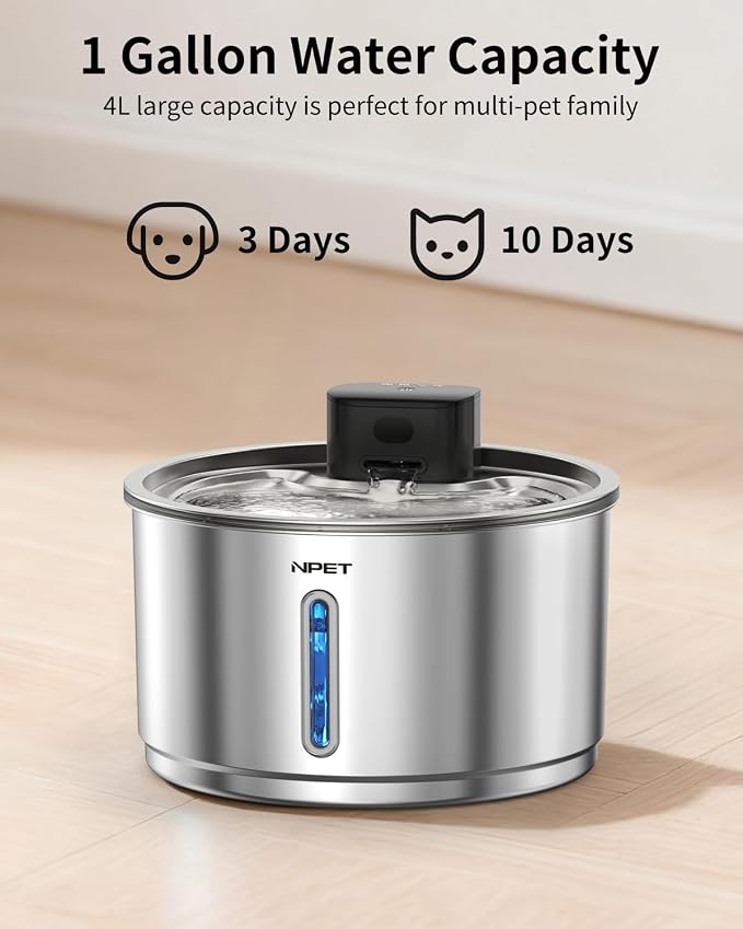 NPET Cordless Cat Water Fountain Stainless Steel, 1Gallon for Cats Indoor | Battery Operated, Automatic Pet Drinking Fountain,Wireless Dog Water Dispenser, With Water Level Window