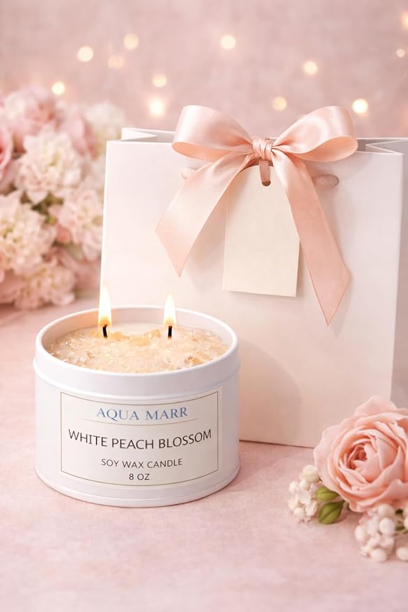White Peach Blossom Soy Candle – 8 oz Floral Scented Candle, Hand-Poured Clean Burning Dual Wick Candle for Home, Spa & Relaxation – Aqua MARR