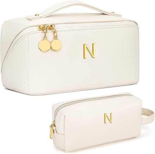 KKXIU Initial Makeup Bag for Women - Personalized Makeup Bag Gifts for Women, Travel Toiletry Bag with PU Leather, Open Flat Design with Top Handle, Cosmetic Bag Set with Multi-Pocket (Beige,N)