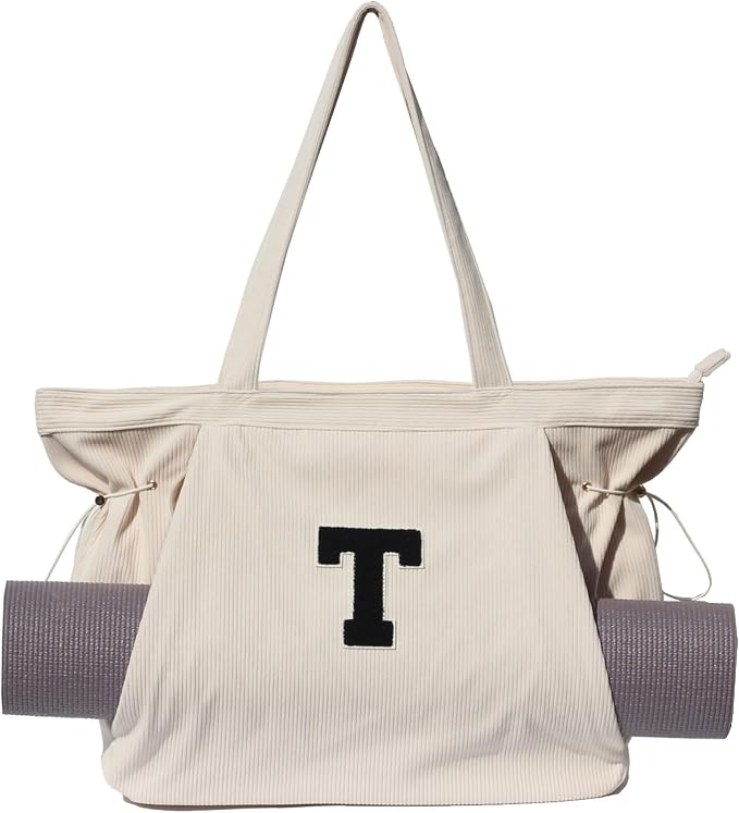 ESVAN Corduroy Yoga Tote Bag Gifts for Women Drawstring Yoga Mat Bag for Office Workout Travel Carryall Pilates Gym