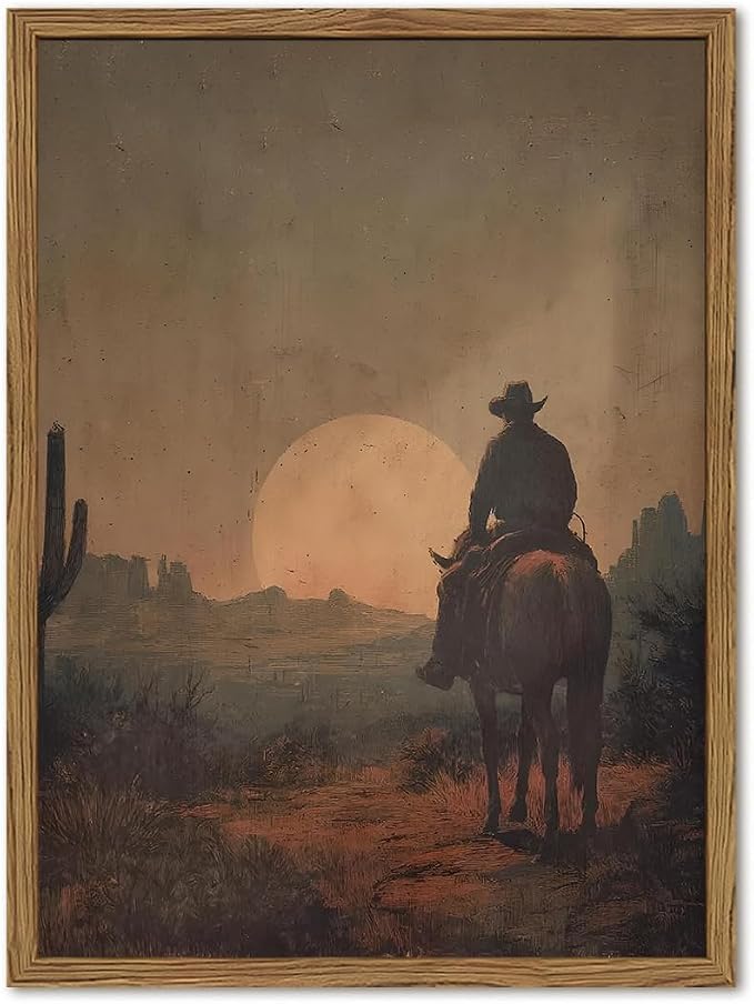 Vintage Cowboy Wall Art Western Country Wall Decor Painting, Southwestern Desert Cactus Poster Canvas Print Picture Retro Rustic Horse Artwork for Living Room Bedroom 16x24 inch Wood Framed