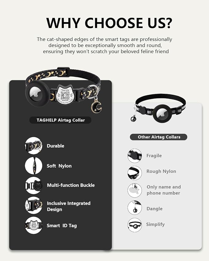 Smart QR Code Cat Collar with Built-in AirTag Holder, Breakaway Adjustable Kitten Collar with Stars and Moon & Glow Pendant, Safety Pet ID Collar for Cats(Red)