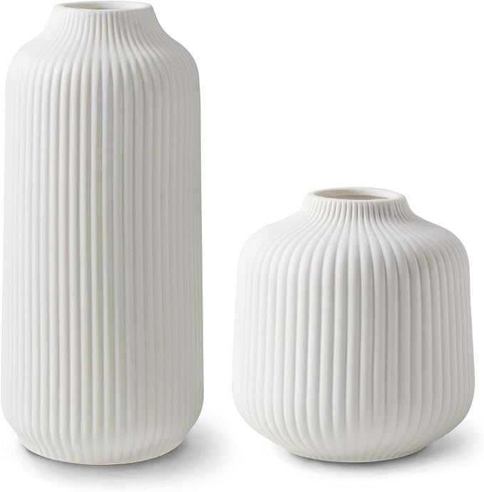 flature Ceramic Vases in Nordic Style, Modern Vase Deco for Pampas Grass, Boho Deco for Windowsill, Vases Set in White Matt, Flower Vase as Home Decoration for Fresh Flowers, Dried Flowers, Set of 2
